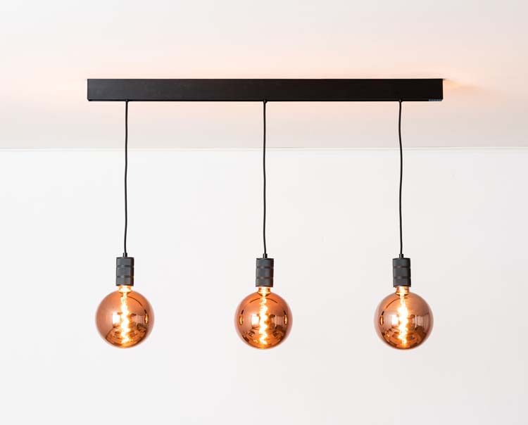 Railverlichting design Béa zwart set 1,2m 3 pendels Bol Koper E27 3x4W