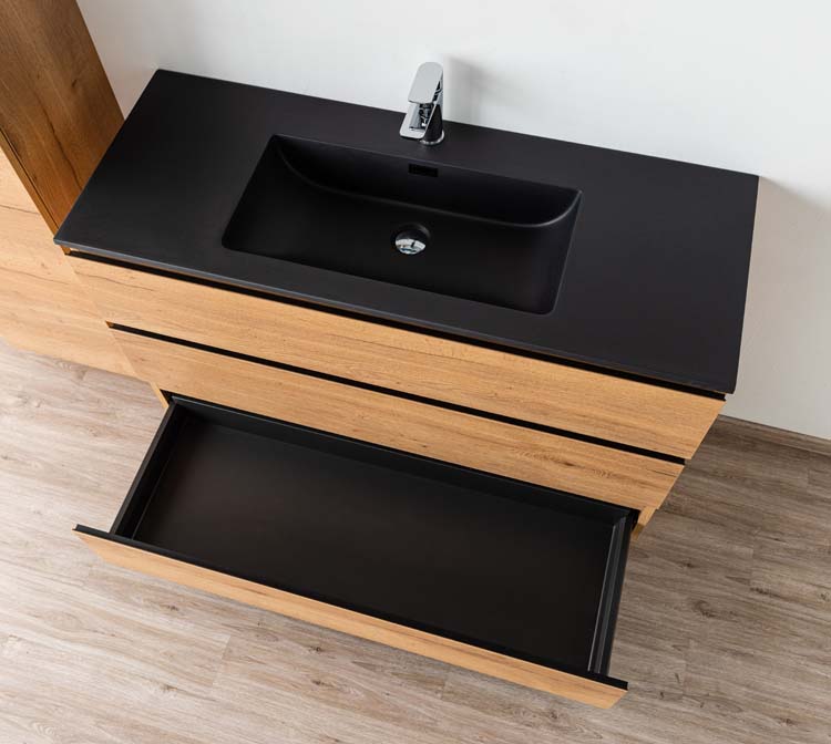Meuble de salle de bain Daria chêne brun doré 1200 mm sur pied 1 lavabos noir mat