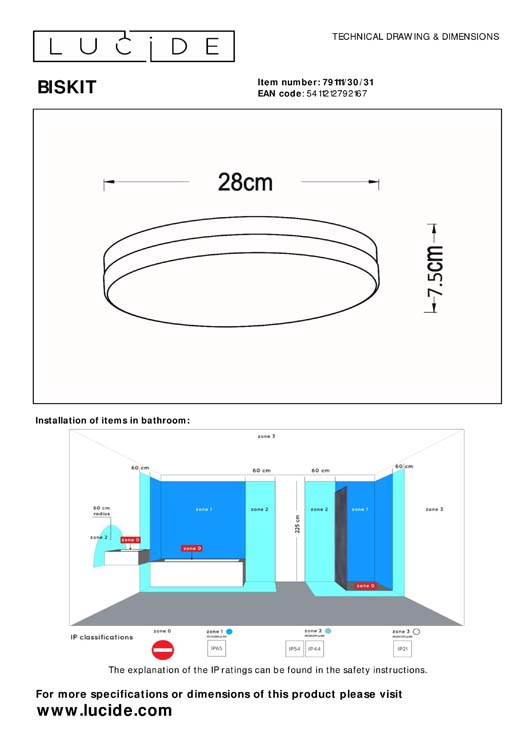 Lucide BISKIT - Plafonnier Salle de bains - Ø 28 cm - LED - 1x18W 2700K - IP44 - Blanc