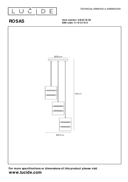 Lucide ROSAS - Hanglamp - Ø 43 cm - 3xE27 - Zwart