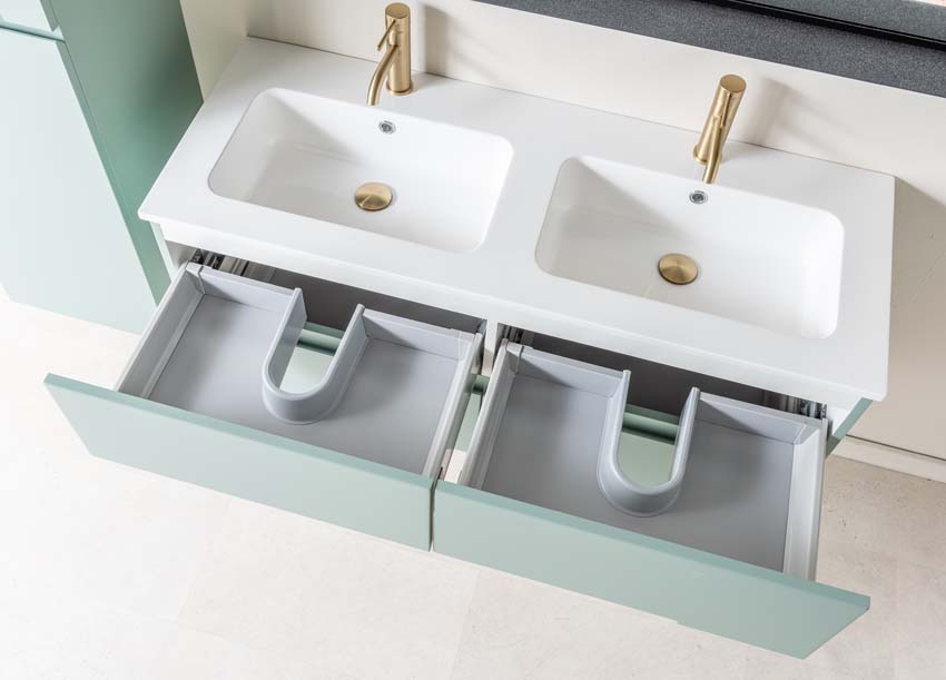 Meuble de salle de bain Truman gris-vert 1200 mm lavabo double brillant gauche