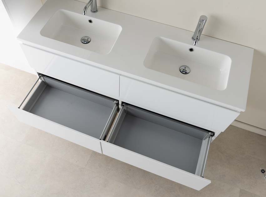 Meuble de salle de bain Tibo blanc 1400 mm lavabo double blanc brillant