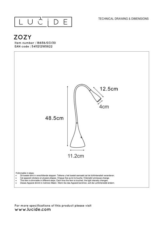 Lucide ZOZY - Bureaulamp - LED Dimb. - 1x3W 3000K - 3 StepDim - Zwart