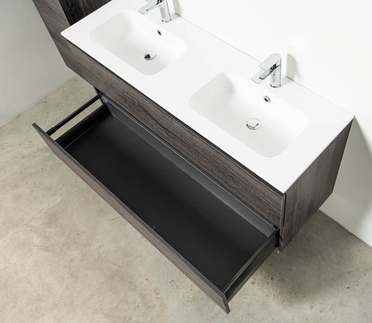 Meuble de salle de bain Dotan chêne foncé 1400 mm 2 lavabo brillant