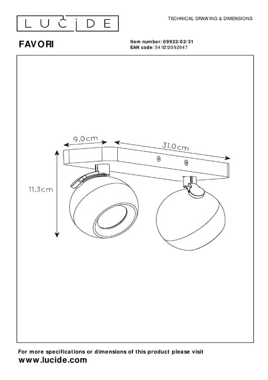 Spot plafond - 2xGU10 - Blanc - Balles