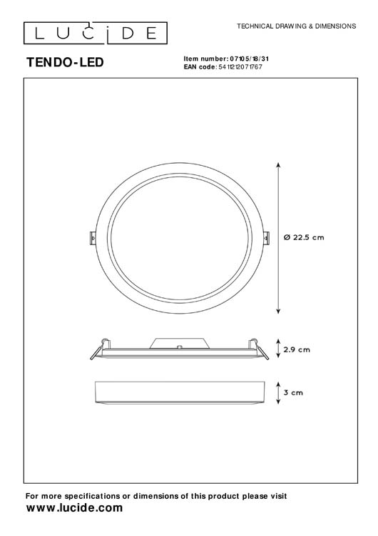 Lucide TENDO-LED - Plafonnière - Ø 22 cm - LED - 1x18W 3000K - Wit