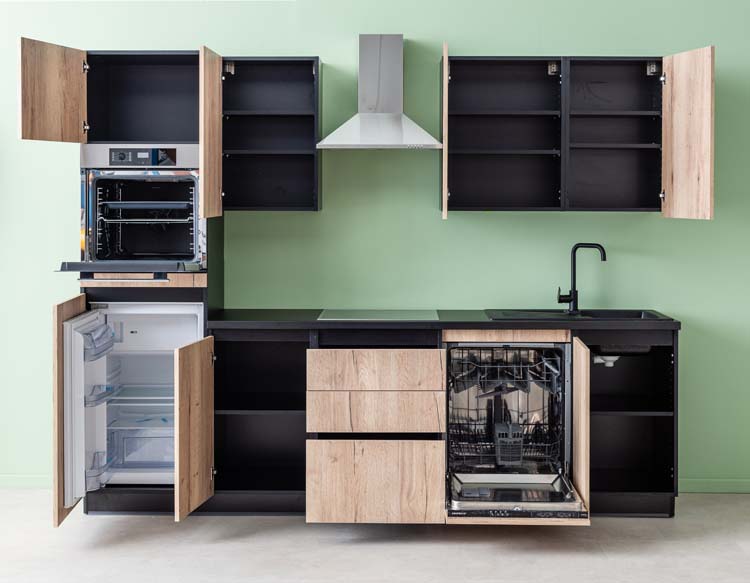 Keuken Plenti 280 cm - oven boven - lades - met toestellen - zwart-houtlook