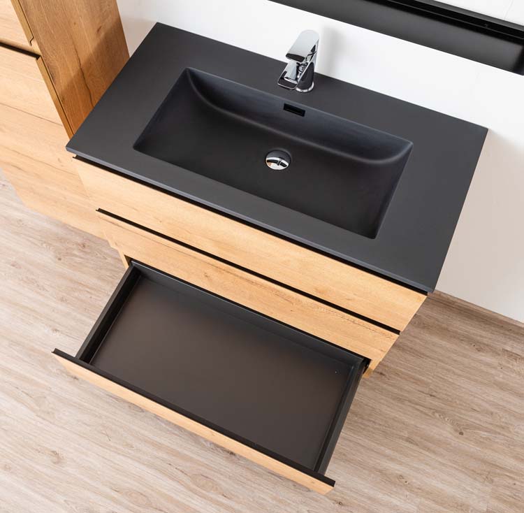 Meuble de salle de bain Daria chêne brun doré 900 mm sur pied lavabo noir mat