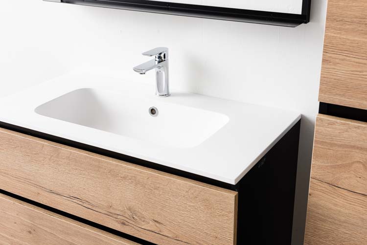 Meuble Dotan noir/chêne 900 mm sur pied lavabo blanc