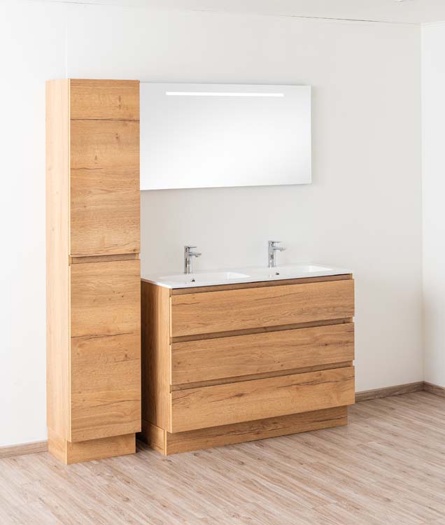 Meuble de salle de bain Daria chêne brun doré 1200 mm sur pied 2 lavabo brillant