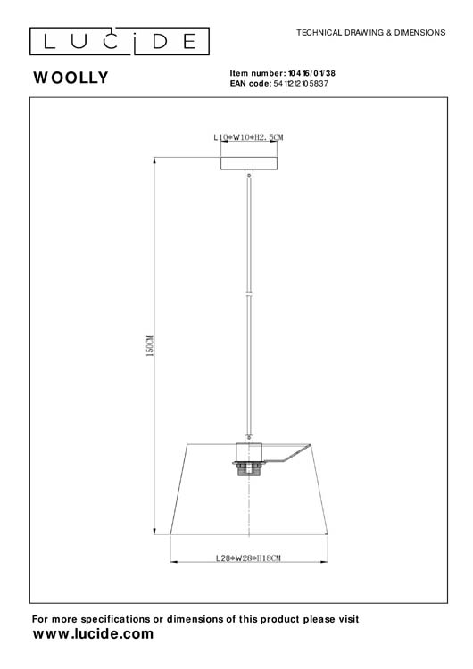 Lucide WOOLLY - Suspension - Ø 28 cm - 1xE27 - Crème