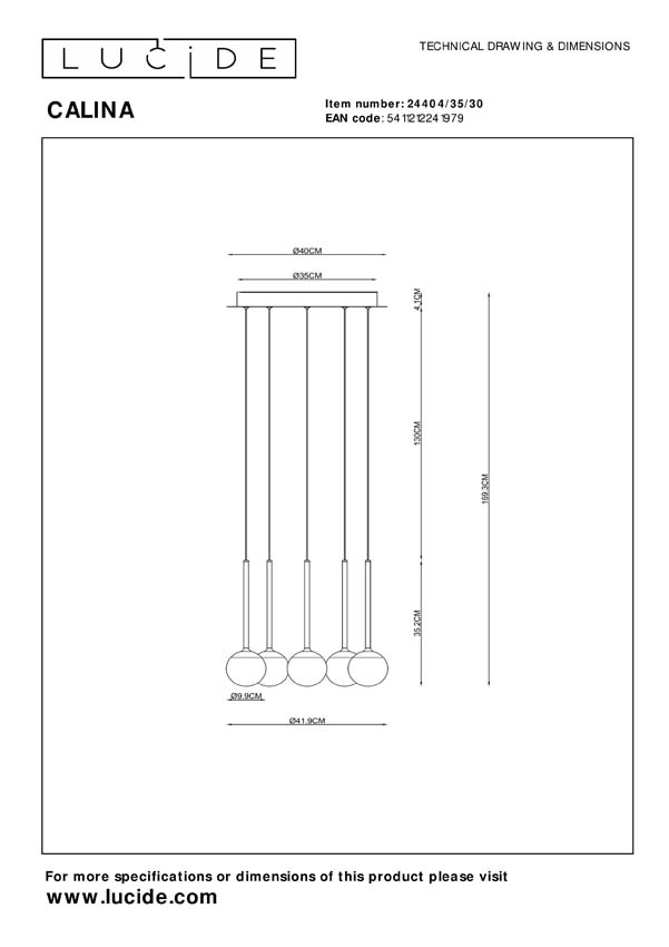 Lucide CALINA - Suspension - Ø 42 cm - LED Dim. - 5x8,2W 2700K - Noir