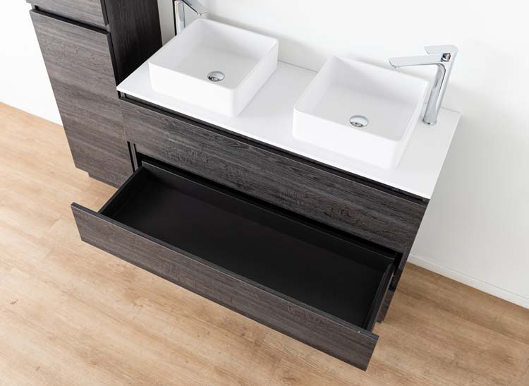 meuble de salle de bain chêne foncé à poser tablette mat