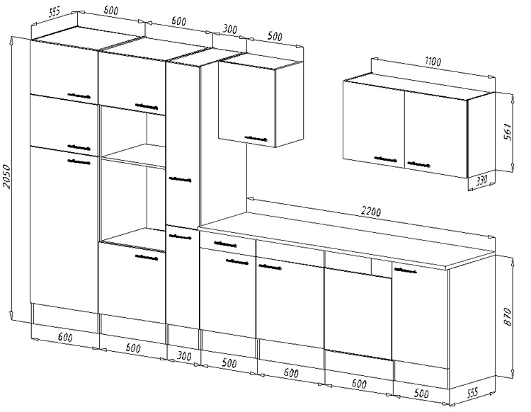 Keuken 370cm - grijs/eik donker - vitrokeramische kookplaat