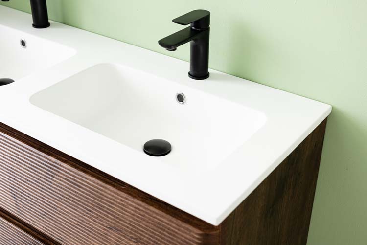 Meuble de salle de bain Jelte noyer 2 tiroirs 1200 mm lavabo blanc brillant