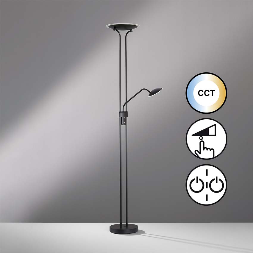 Vloerlamp met leeslamp - hoogte 180cm - 4300 lumen - 880 lumen - zwart