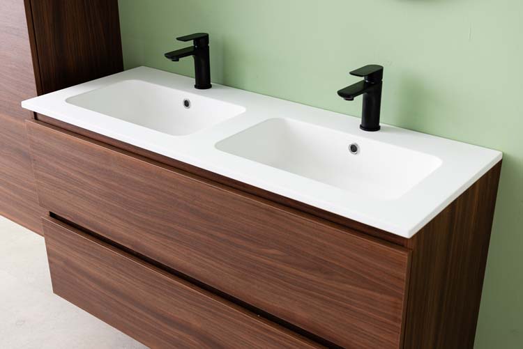 Meuble de salle de bain Dotan noyer 2 tiroirs 1200 mm lavabo blanc mat