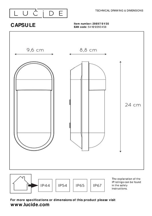 Lucide CAPSULE - Applique murale Extérieur - 1xE27 - IP54 - Noir