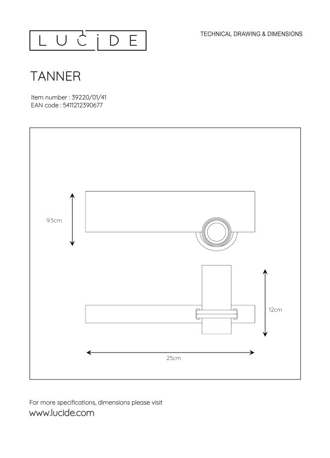 TANNER Wandlamp 1x E27 60W   Zwart / Beton