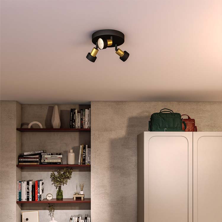 Spot plafond/mur - Ø19.6cm - dimmable - GU10 - 3x5W - lampe excl - noir/dorée