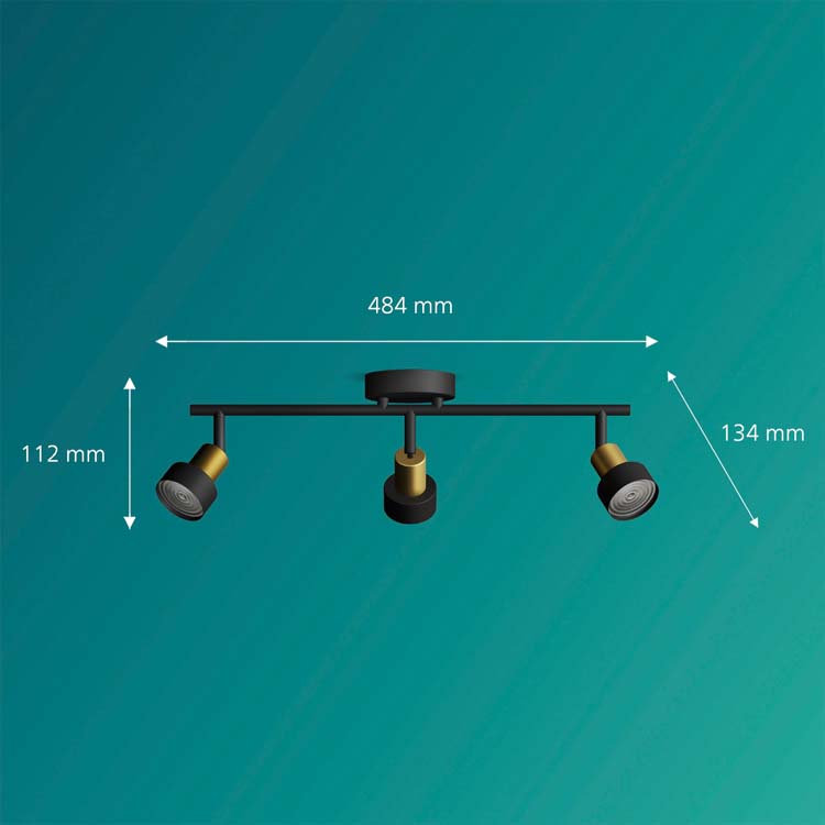 Spot plafond/mur - dimmable - GU10 - 3x5W - lampe excl - noir/dorée