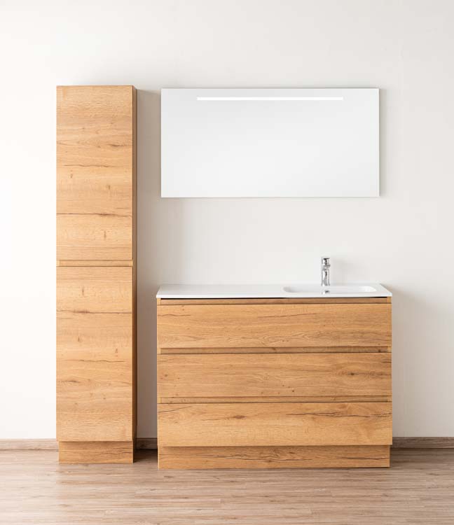 Meuble de salle de bain Daria chêne brun doré 1200 mm sur pied lavabo brillant droite