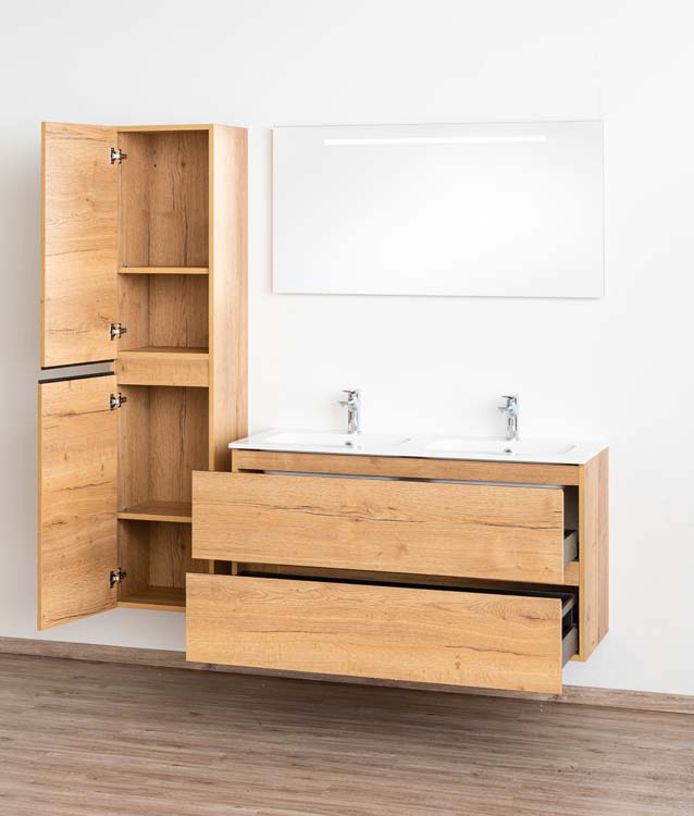 Meuble de salle de bain Daria chêne brun doré 1200 mm 2 lavabo brillant