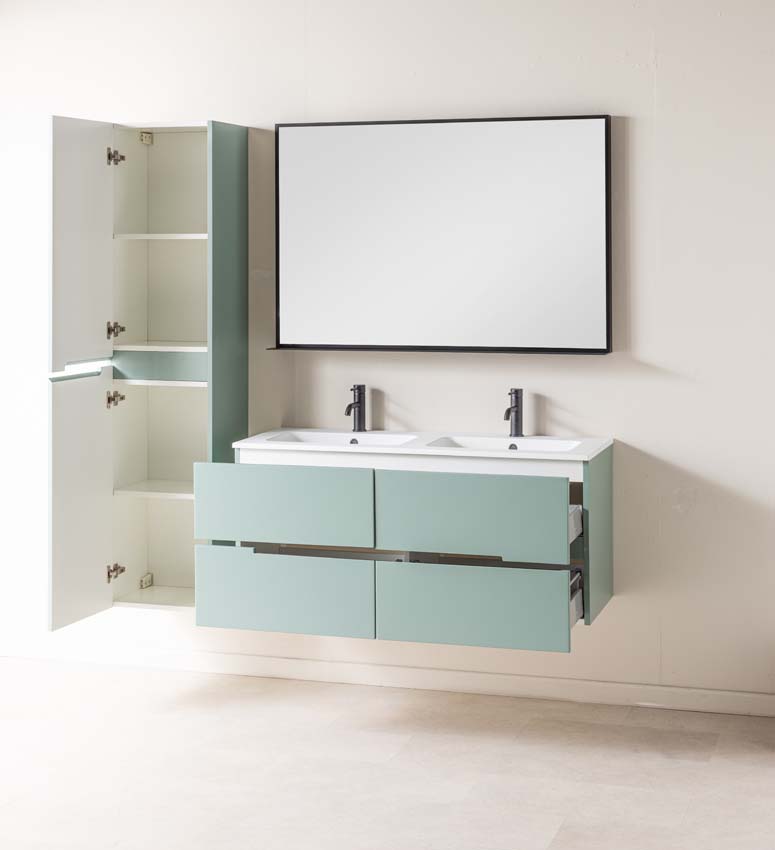 Meuble de salle de bain Truman gris-vert 1200 mm lavabo double blanc mat