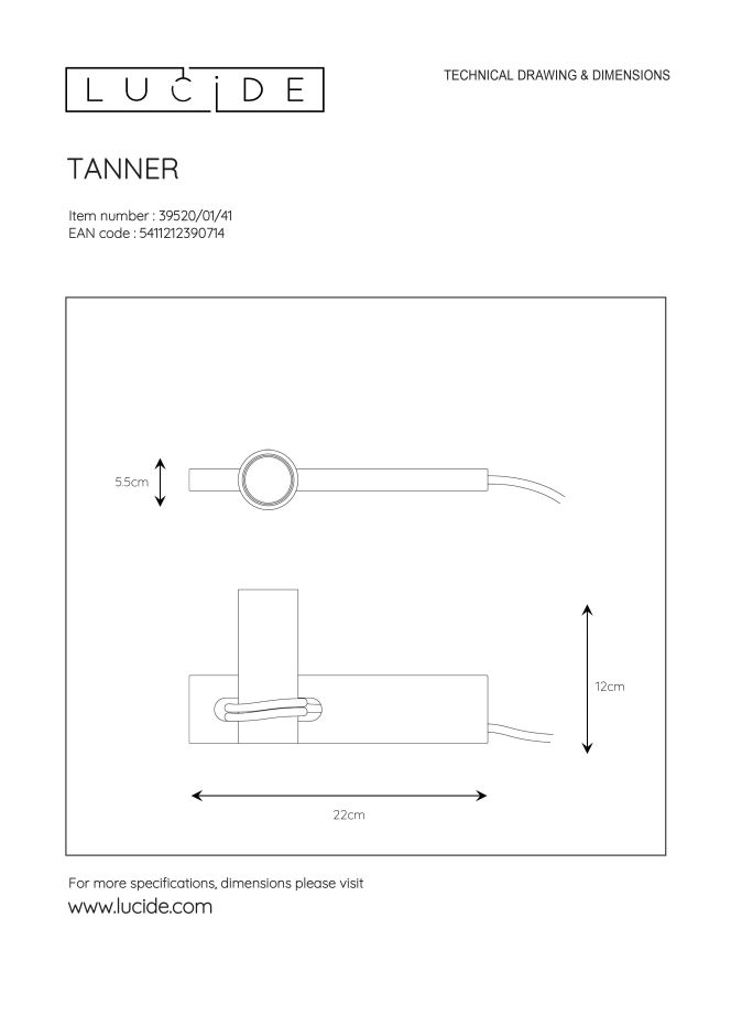 TANNER Lampe de Table 1x E27 60W H11cm Noir/Béton