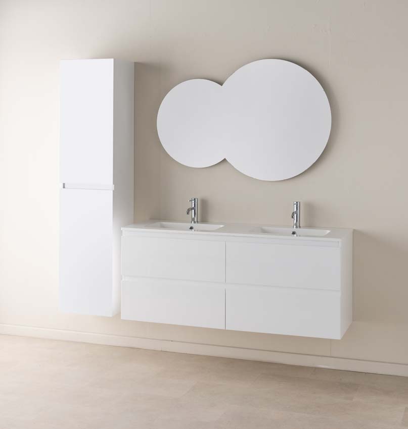 Meuble de salle de bain Tibo blanc 1400 mm lavabo double blanc brillant