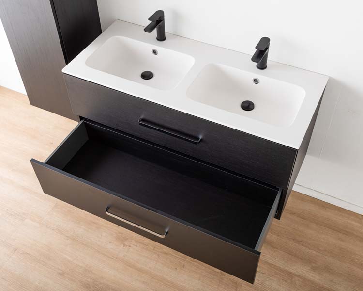 Meuble salle de bain Plato noir grain de bois 120cm - mat - poignée chrome