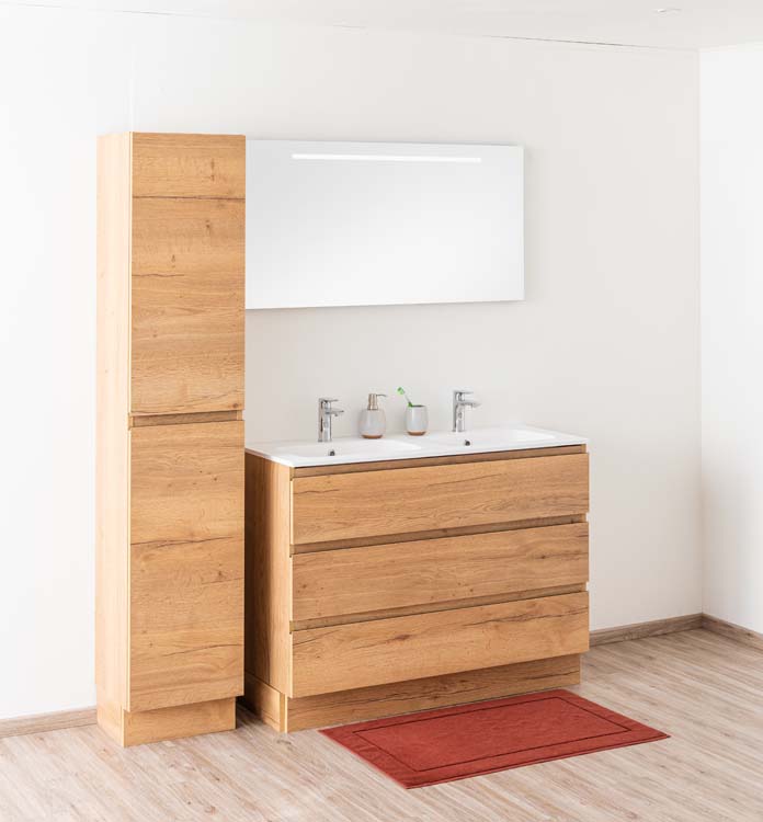 Meuble de salle de bain Daria chêne brun doré 1200 mm sur pied 2 lavabo mat