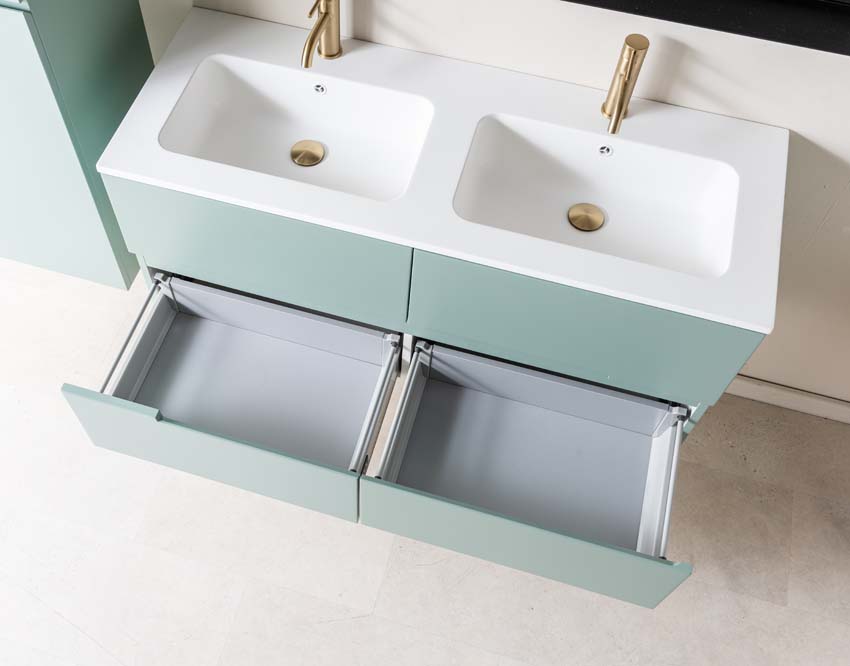 Meuble de salle de bain Truman gris-vert 1200 mm lavabo double blanc mat