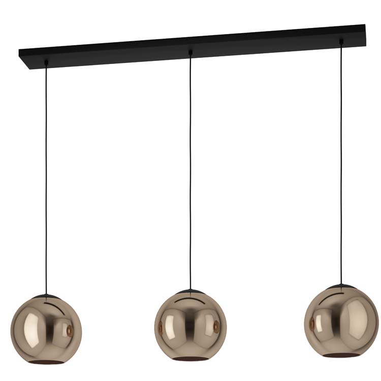Hanglamp 3 bollen zwart-koper E27 125 cm