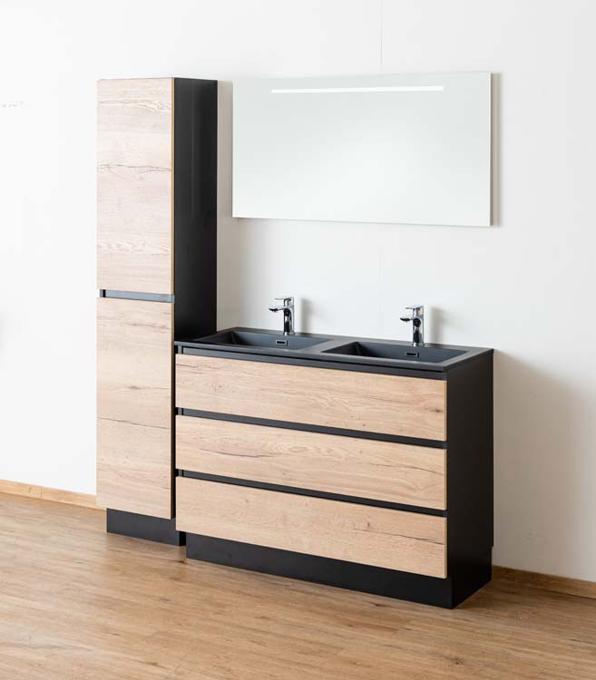 Meuble salle de bain Dotan noir/chêne 1200mm debout 2 lavabos noir