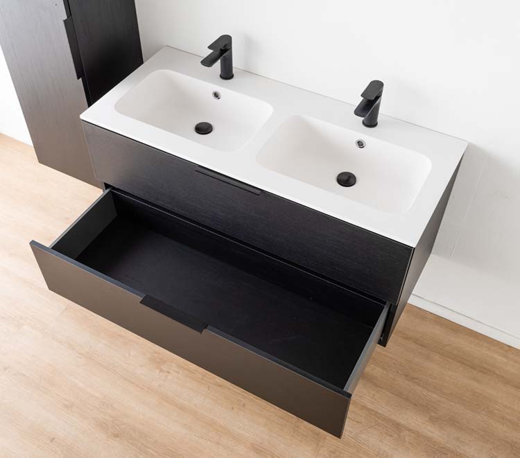 Meuble salle de bain Plato noir grain de bois 120 cm double mat poignée supp noire