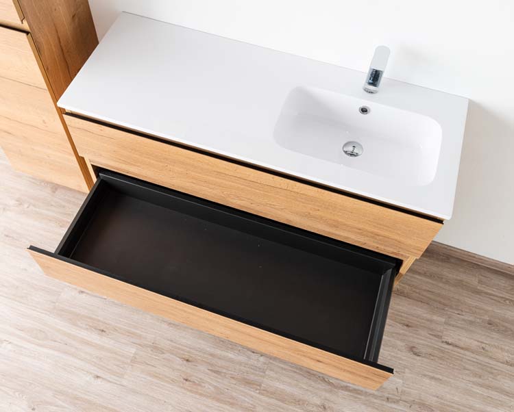 Meuble de salle de bain Daria chêne brun doré 1200 mm sur pied lavabo brillant droite