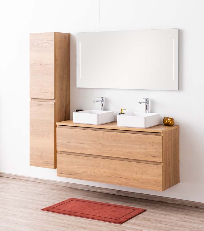 Meuble de salle de bain Daria chêne brun doré 1400 mm tablette en saillie melamine