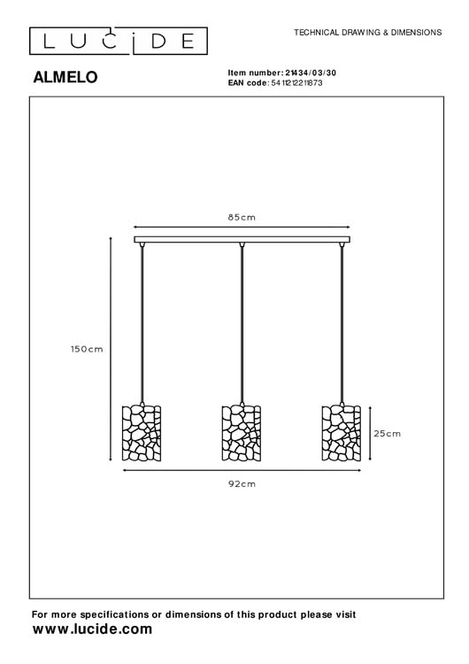 Lucide ALMELO - Hanglamp - 3xE27 - Zwart