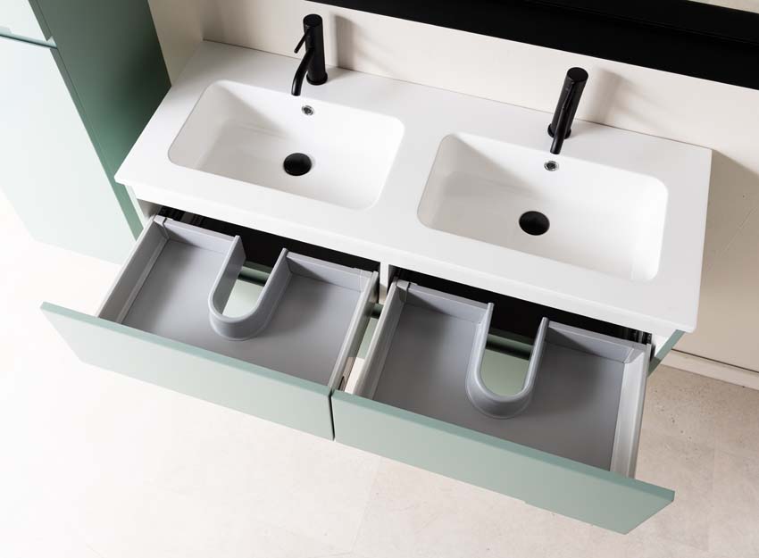 Meuble de salle de bain Truman gris-vert 1200 mm lavabo double brillant gauche