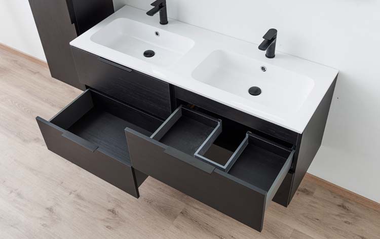Meuble salle de bain Plato noir grain de bois 140 cm double brillant poignée supp noire