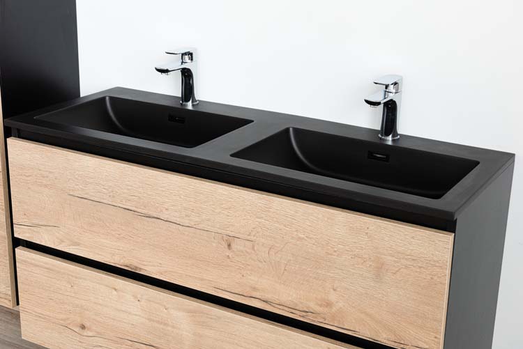 Meuble de salle de bain Dotan chêne chêne/noir 1200 mm 2 lavabo mat noir