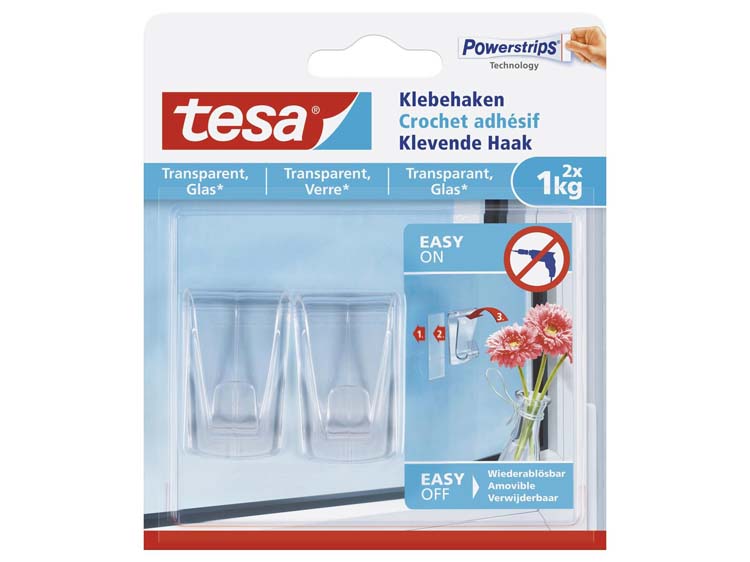 Tesa zelfklevende haak voor transparante materialen en glas 2 stuks