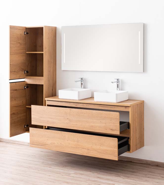 Meuble de salle de bain Daria chêne brun doré 1400 mm tablette en saillie melamine