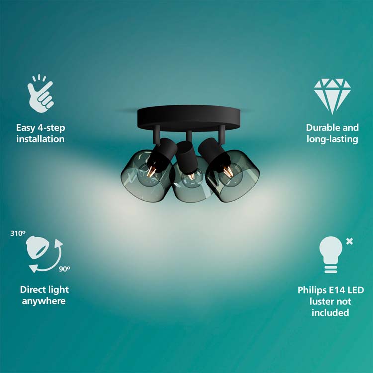 Spot plafond/mur - verre court -  Ø21.1cm dimmable - E14 - 3x25W - lampe excl - noir