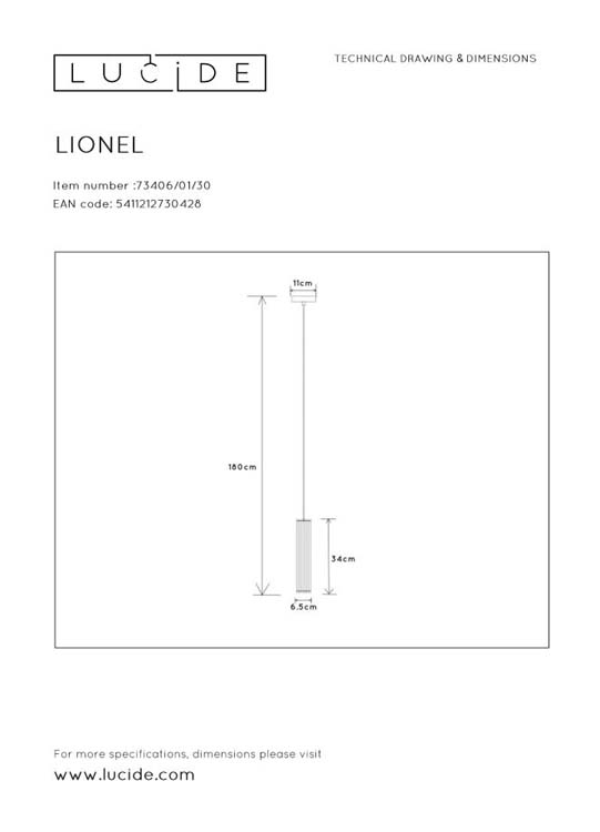 Lucide LIONEL - Suspension - Ø 6,5 cm - 1xE27 - Noir