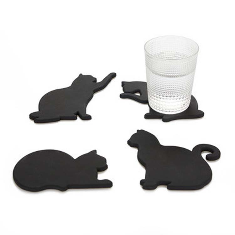 Glasonderzetters katten siliconen zwart 0.5x18x12 cm- set van 4