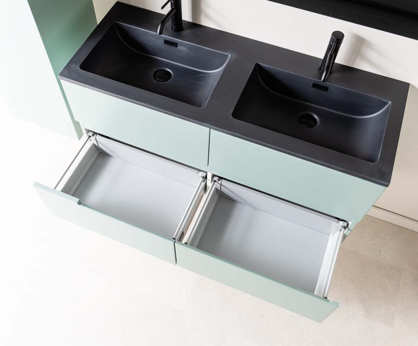 Meuble de salle de bain Truman gris-vert 1200 mm lavabo double noir mat