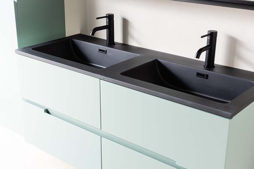 Meuble de salle de bain Truman gris-vert 1200 mm lavabo double noir mat