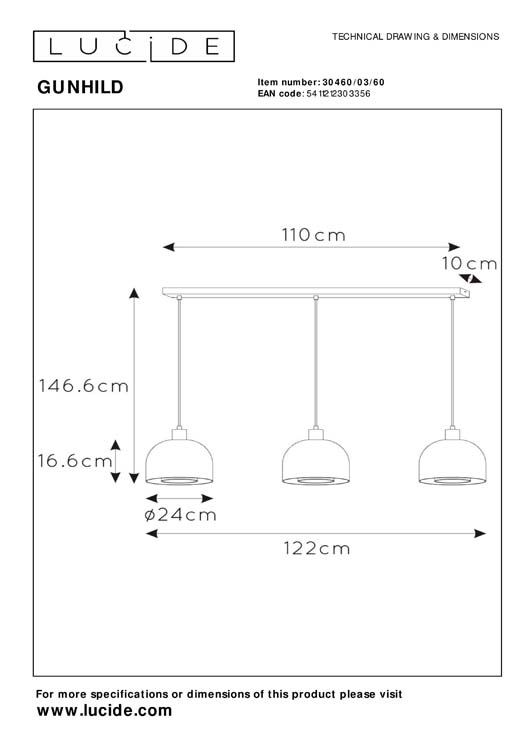 Lucide GUNHILD - Suspension - 3xE27 - Transparent